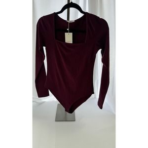 MANGOPOP Women's Square Neck Long Sleeve Tops Bodysuit size Small Burgundy